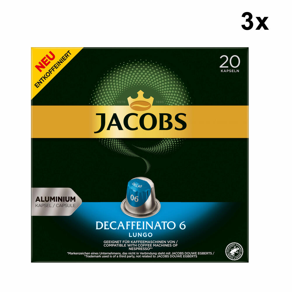 Jacobs Decaffeinato 6 Lungo 3er Set, Kaffeekapseln, entkoffeiniert, Nespresso Kompatibel, Kaffee, 3 x 20 Kapseln