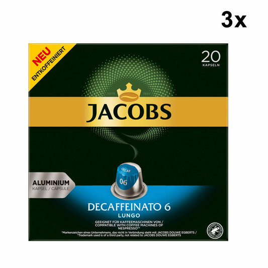 Jacobs Decaffeinato 6 Lungo set of 3, coffee capsules, decaffeinated, Nespresso compatible, coffee, 3 x 20 capsules