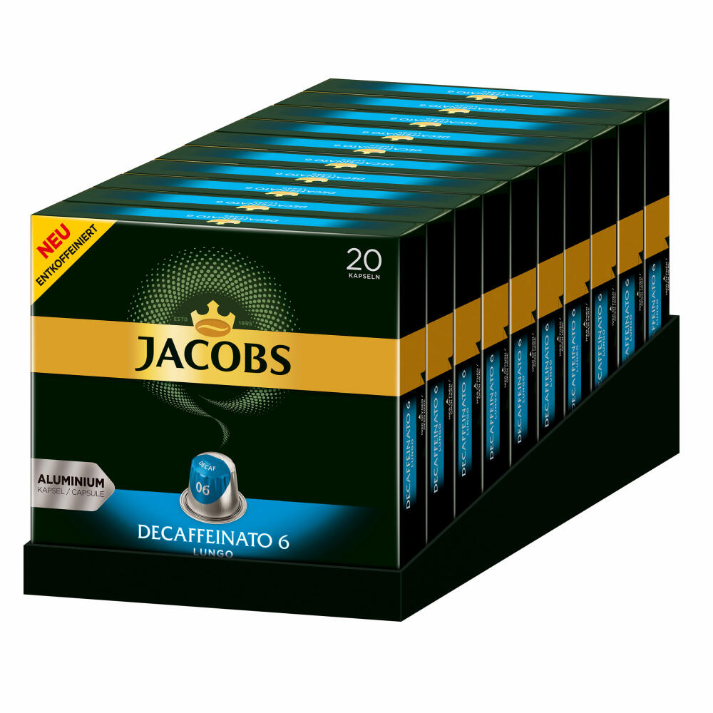 Jacobs Decaffeinato 6 Lungo Set of 10, Coffee Capsules, Decaffeinated, Nespresso Compatible, Coffee, 10 x 20 Capsules