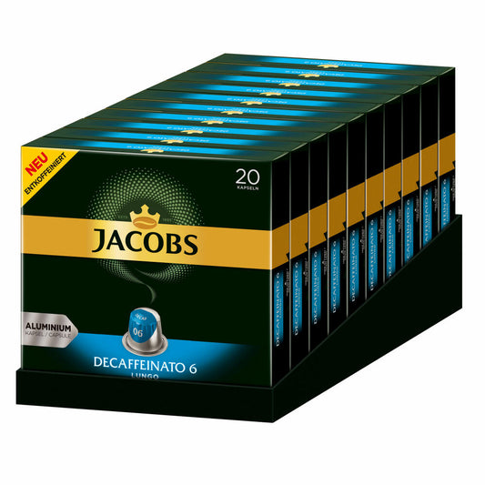 Jacobs Decaffeinato 6 Lungo 10er Set, Kaffeekapseln, entkoffeiniert, Nespresso Kompatibel, Kaffee, 10 x 20 Kapseln