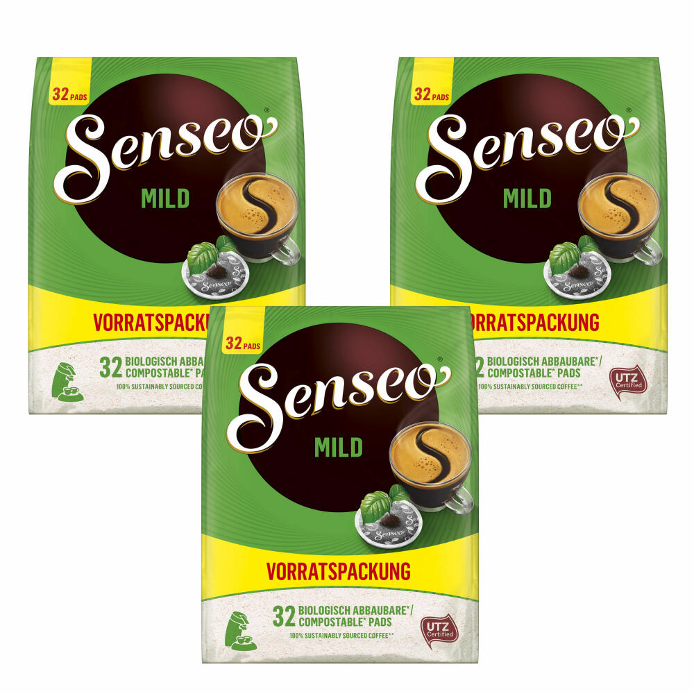 Senseo Kaffeepads Mild Vorratspackung 3er Set, Sanft, gemahlener Röstkaffee, 3x32 Pads