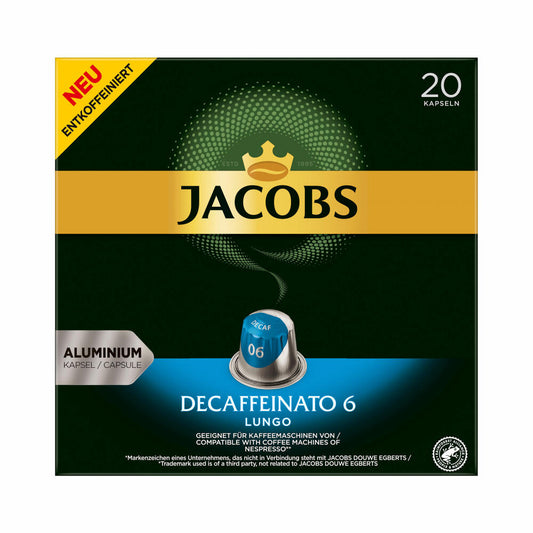 Jacobs Decaffeinato 6 Lungo, Kaffeekapseln, entkoffeiniert, Nespresso Kompatibel, Kaffee, 20 Kapseln á 5.2 g