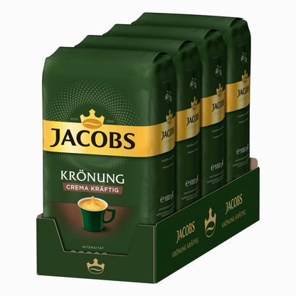 Jacobs Krönung Crema Kräftig, pack of 4, roasted coffee, coffee, whole beans, coffee beans, 4 x 1000 g