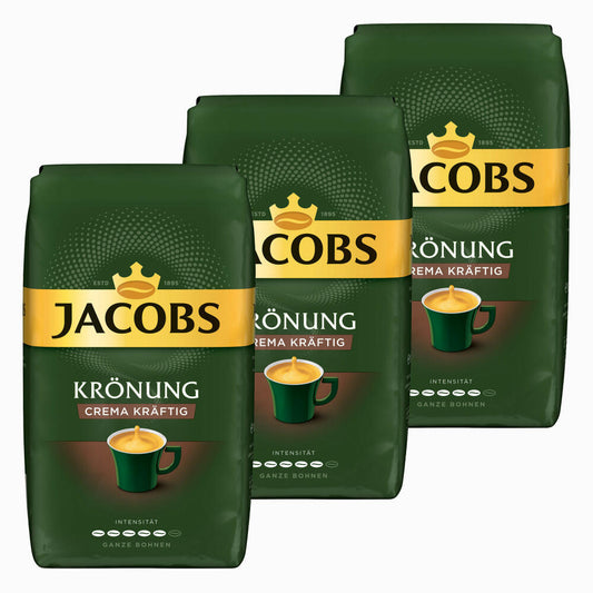 Jacobs Krönung Crema Kräftig, 3er Pack, Röstkaffee, Kaffee, ganze Bohnen, Kaffeebohnen, 3 x 1000 g