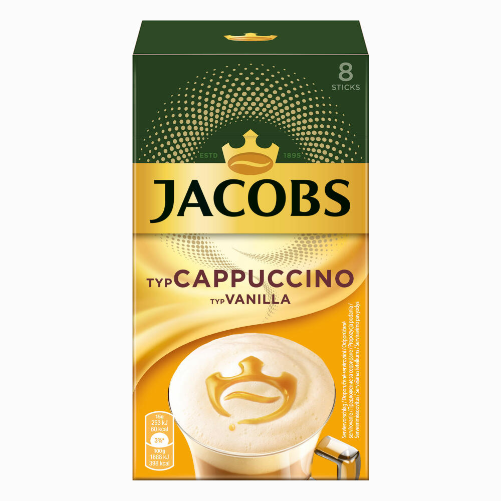 Jacobs Soluble Coffee Type Cappuccino Type Vanilla, Pack of 5, Instant Coffee, Instant, 5 x 8 cup portions