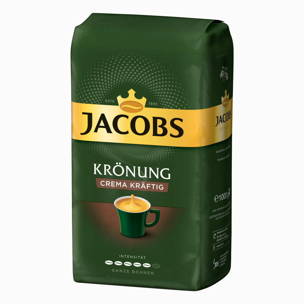 Jacobs Krönung Crema Kräftig, pack of 4, roasted coffee, coffee, whole beans, coffee beans, 4 x 1000 g