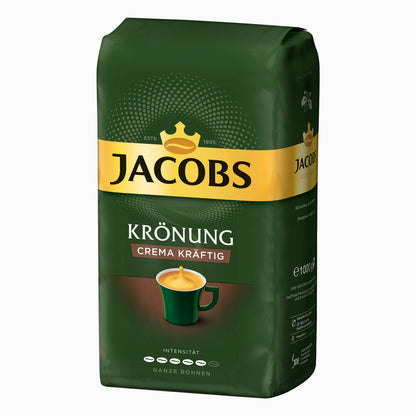 Jacobs Krönung Crema Kräftig, pack of 4, roasted coffee, coffee, whole beans, coffee beans, 4 x 1000 g