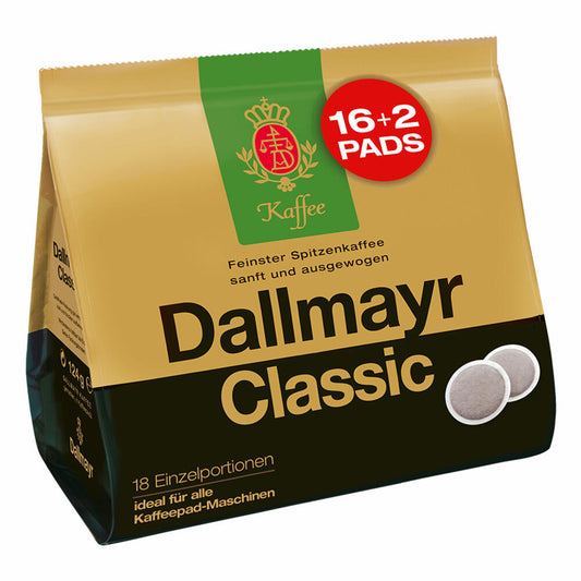 Dallmayr Classic coffee pads, for all pad machines, roasted coffee, mild, 16 + 2 pads, á 6.9 g