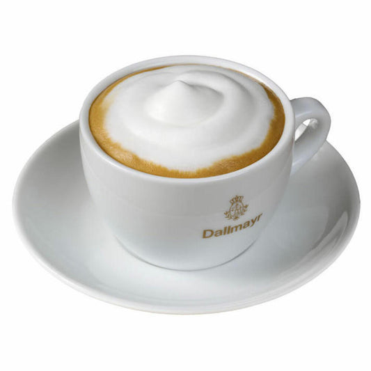 Dallmayr Cappuccinotasse + Untertasse mit goldenem Aufdruck, Cappuccino Tasse, Kaffeetasse, Weiß, 160 ml