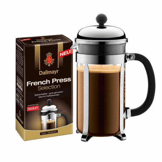 Bodum Chambord Kaffeebereiter inkl. Dallmayr French Press Selection, Gemahlener Röstkaffee, 250 g, 350 ml