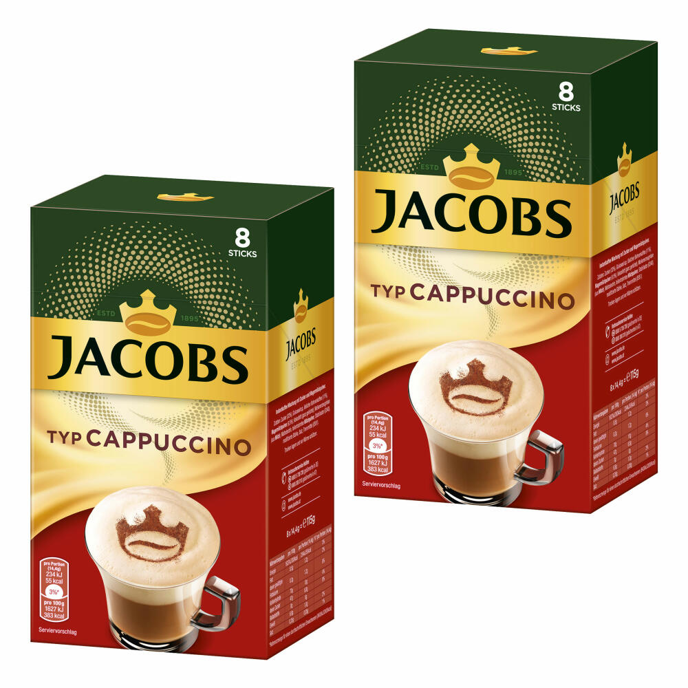 Jacobs Instant Cappuccino, Soluble Coffee, Instant Coffee, 16 servings of 14.4 g each