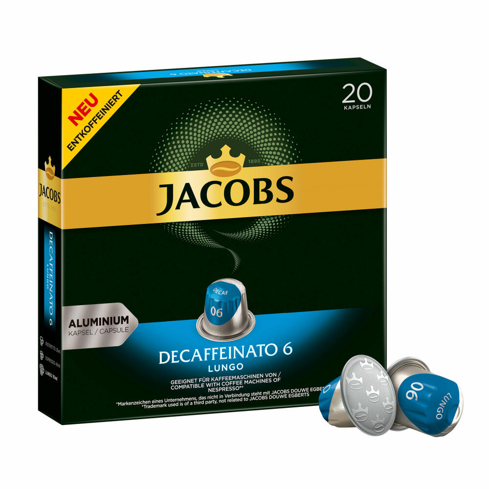 Jacobs Decaffeinato 6 Lungo, coffee capsules, decaffeinated, Nespresso compatible, coffee, 20 capsules of 5.2 g each