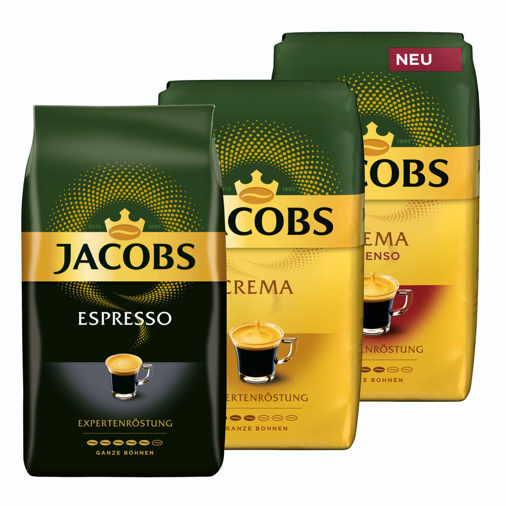 Jacobs Espresso / Crema / Intenso expert roast, set of 3, bean coffee, whole beans, roasted coffee, coffee beans, 3 x 1000 g