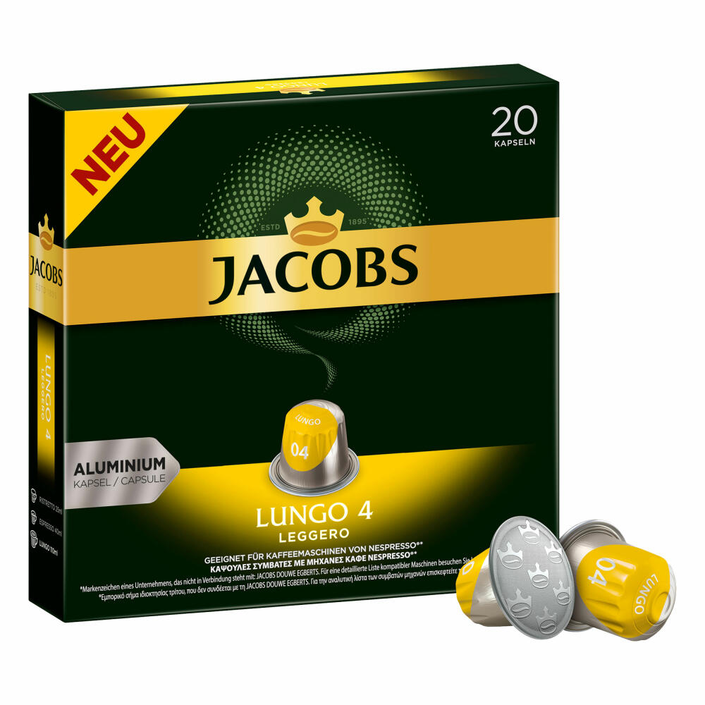 Jacobs Lungo 4 Leggero Coffee Capsules, Nespresso Compatible, Coffee, 40 Capsules, 5.2 g each