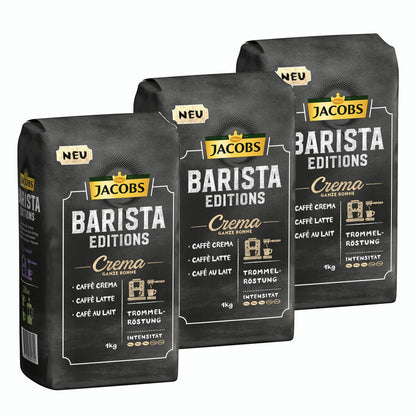 Jacobs Barista Editions Crema, bean coffee, whole beans, roasted coffee, coffee beans, 3 x 1000 g