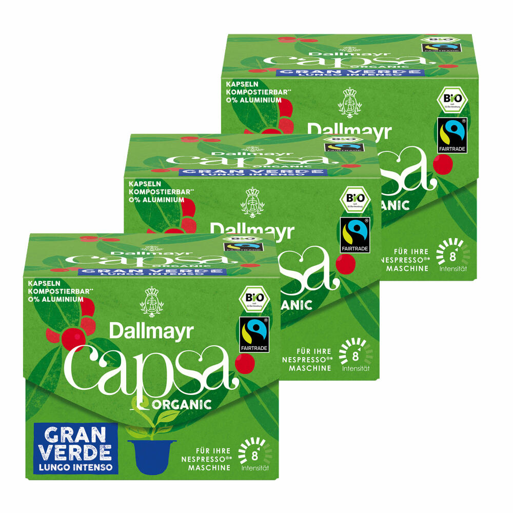 Dallmayr Capsa Gran Verde Lungo Intenso 3er Set, Nespresso kompatibel Kapsel, Organic, Kaffeekapsel, Espressokapsel, 3x10 Kapseln