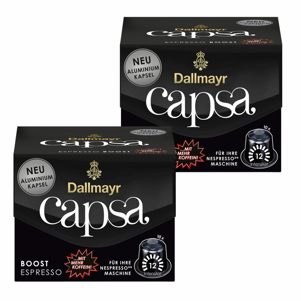 Dallmayr Capsa Espresso Boost 2er Set, Nespresso kompatibel Kapsel, mit mehr Koffein, Kaffeekapsel, Espressokapsel, 2x10 Kapseln