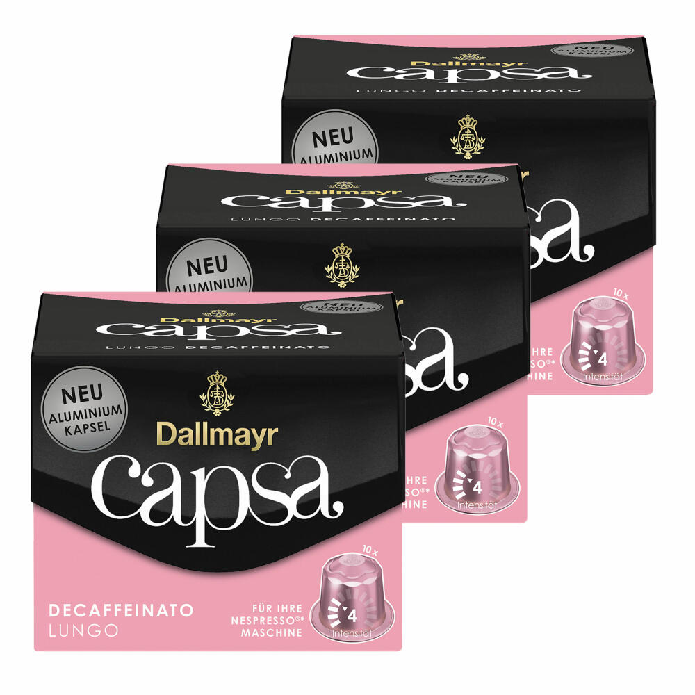 Dallmayr Capsa Lungo Decaffeinato 3er Set, Nespresso kompatibel Kapsel, entkoffeiniert, Kaffeekapsel, Espressokapsel, 3x10 Kapseln