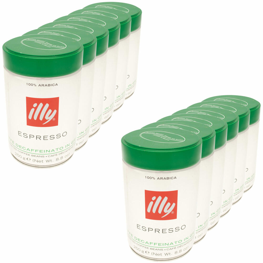 Illy Espresso Entkoffeiniert / Decaffeinato, 100% Arabica Kaffee, ganze Bohnen, mittlerer Röstgrad, Dose, 12er Pack,12 x 250g