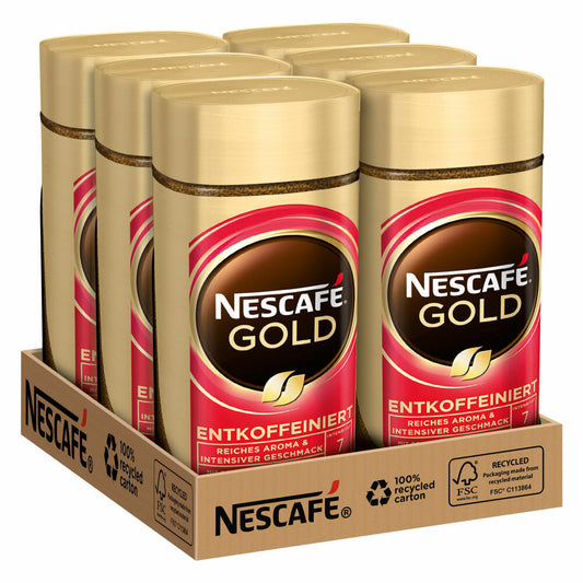 Nescafé Gold Entkoffeiniert, löslicher Bohnenkaffee, Kaffee, gemahlener Röstkaffee, Glas, 6 x 100 g