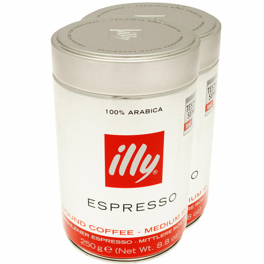 Illy Espresso, 100% Arabica Kaffee, gemahlen, mittlerer Röstgrad, Dose, 2er Pack, 2 x 250g