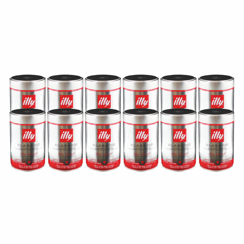 Illy Espresso, 100% Arabica Kaffee, gemahlen, mittlerer Röstgrad, Dose, 12er Pack, 12 x 250g