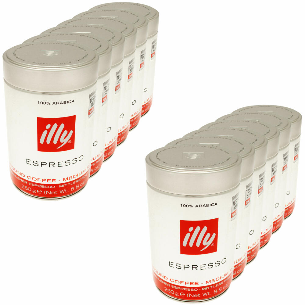 Illy Espresso, 100% Arabica Kaffee, gemahlen, mittlerer Röstgrad, Dose, 12er Pack, 12 x 250g