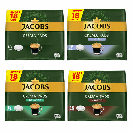 Jacobs Kaffeepads-Set Crema Pads, 4er Set, Klassisch, Kräftig, Balance & Mild, Kaffee, 72 Pads