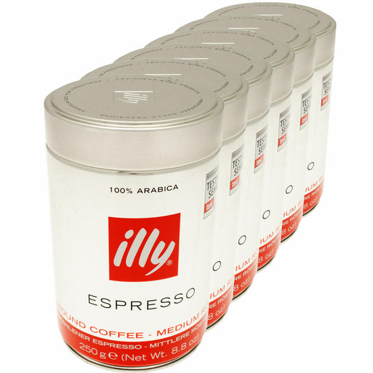 Illy Espresso, 100% Arabica coffee, ground, medium roast, can, pack of 6, 6 x 250g