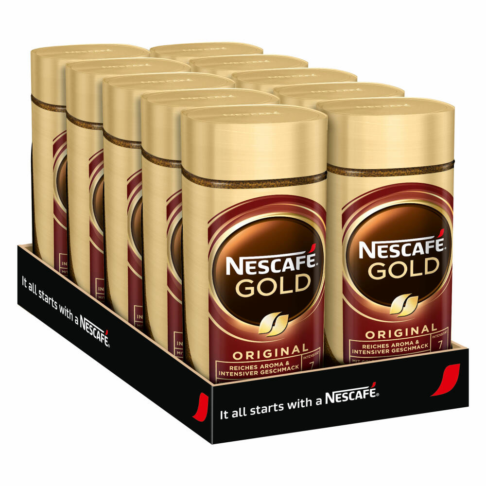 Nescafé Gold Das Original, löslicher Bohnenkaffee, Kaffee, gemahlener Röstkaffee, Glas, 10 x 100 g