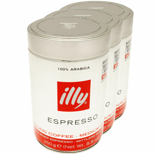 Illy Espresso, 100% Arabica Kaffee, gemahlen, mittlerer Röstgrad, Dose, 3er Pack, 3 x 250g