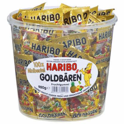 Haribo Goldbären, Gummibärchen, Weingummi, Fruchtgummi, 100 Minibeutel, 980g Dose