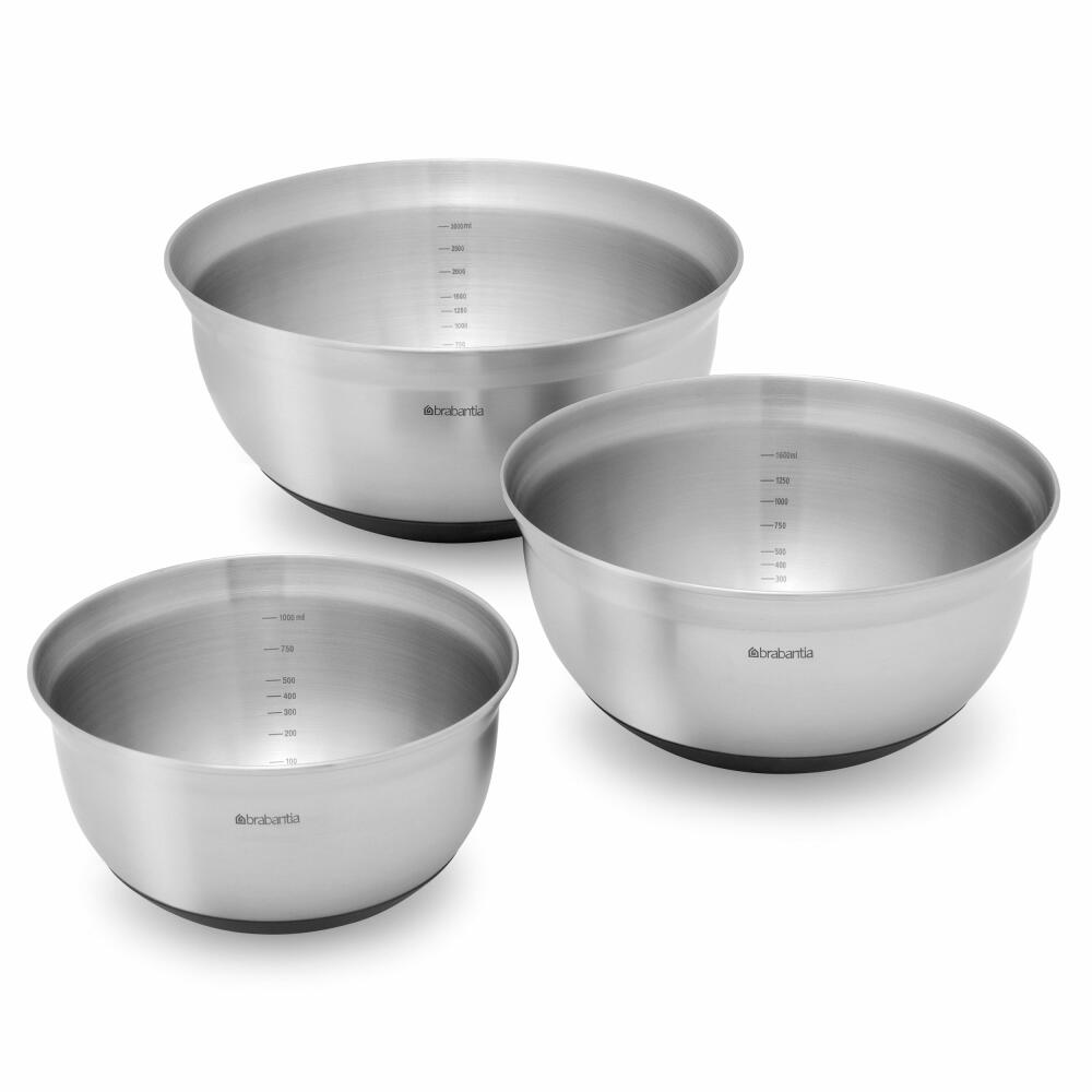 Brabantia mixing bowl with measuring scale and non-slip base, matt stainless steel, 1 L &amp; 1.6 L &amp; 3 L, set of 3, 363900