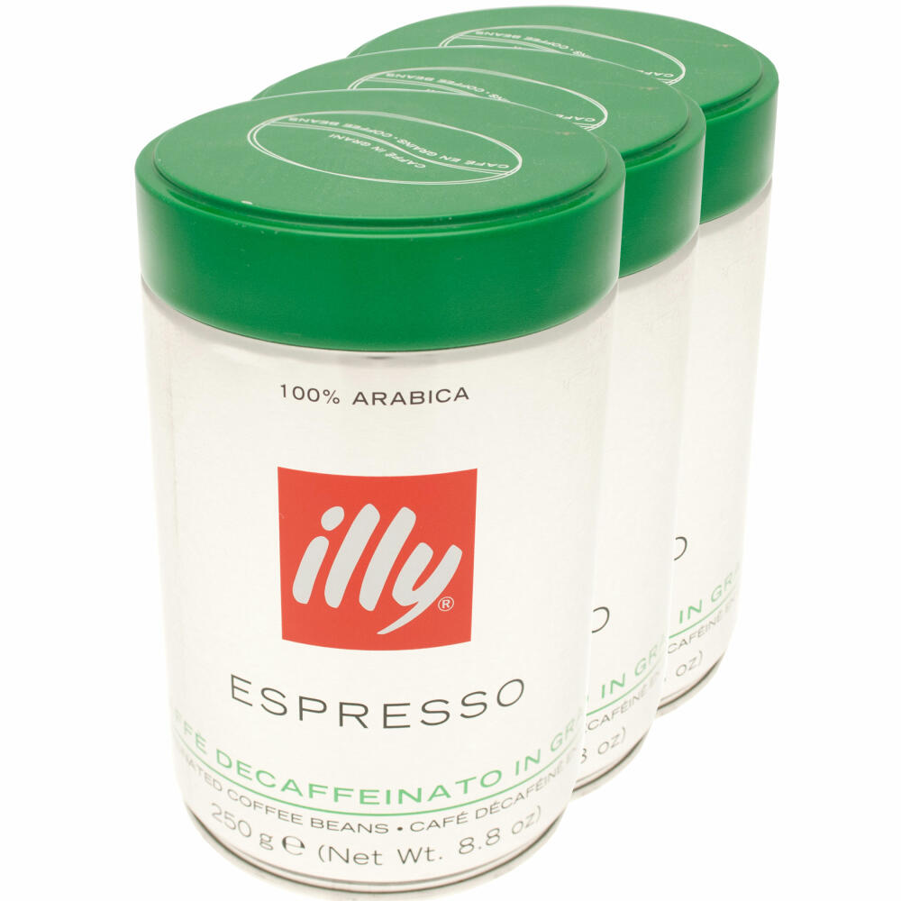 Illy Espresso Entkoffeiniert / Decaffeinato, 100% Arabica Kaffee, ganze Bohnen, mittlerer Röstgrad, Dose, 3er Pack, 3 x 250g