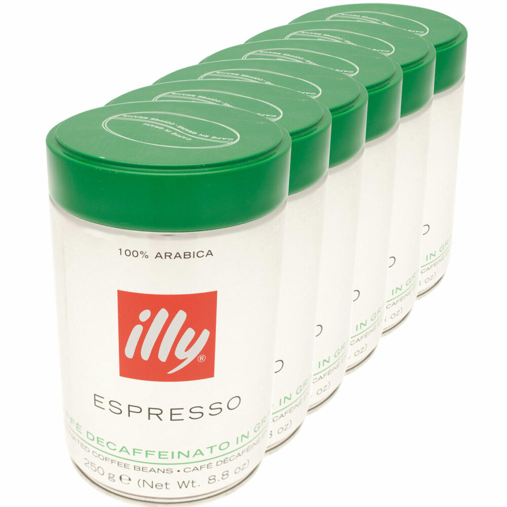 Illy Espresso Decaffeinated / Decaffeinato, 100% Arabica coffee, whole beans, medium roast, can, 6-pack, 6 x 250g