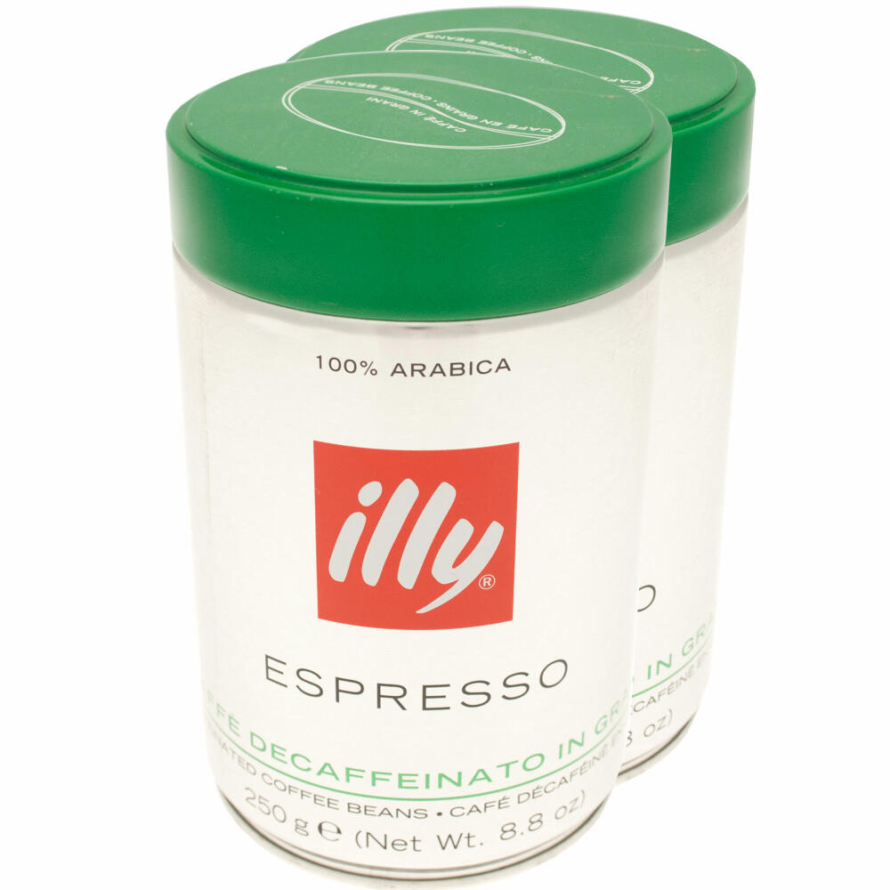 Illy Espresso Entkoffeiniert / Decaffeinato, 100% Arabica Kaffee, ganze Bohnen, mittlerer Röstgrad, Dose, 2er Pack, 2 x 250g