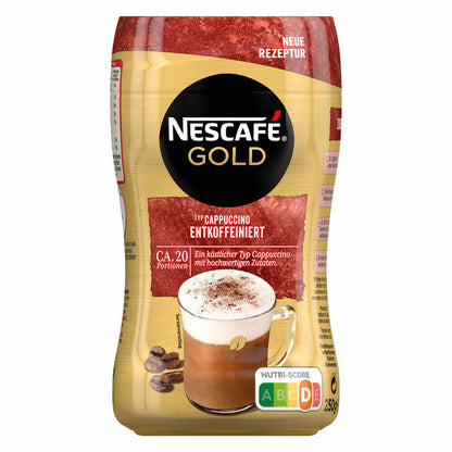 Nescafé Gold Typ Cappuccino Entkoffeiniert, Löslicher Bohnenkaffee, Instantkaffee, Kaffee, Dose, 2 x 250 g