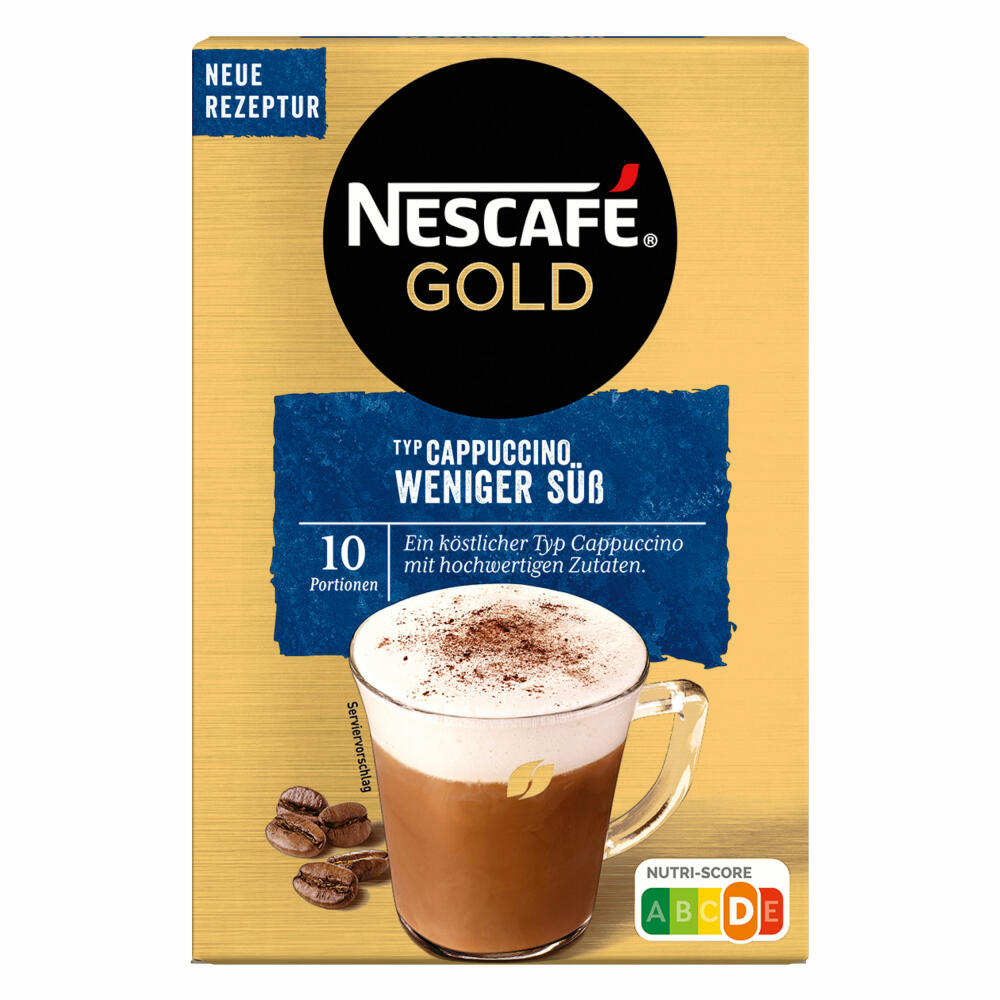 Nescafé Gold Typ Cappuccino Weniger Süß, Löslicher Bohnenkaffee, Instantkaffee, Kaffee, 5 x 10 Portionen