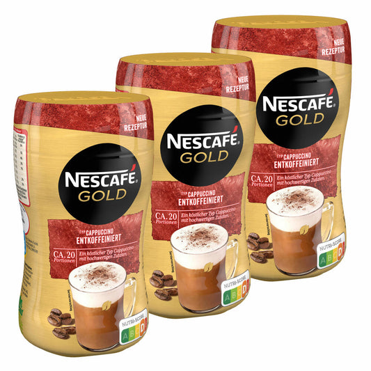 Nescafé Gold Typ Cappuccino Entkoffeiniert, Löslicher Bohnenkaffee, Instantkaffee, Kaffee, Dose, 3 x 250 g