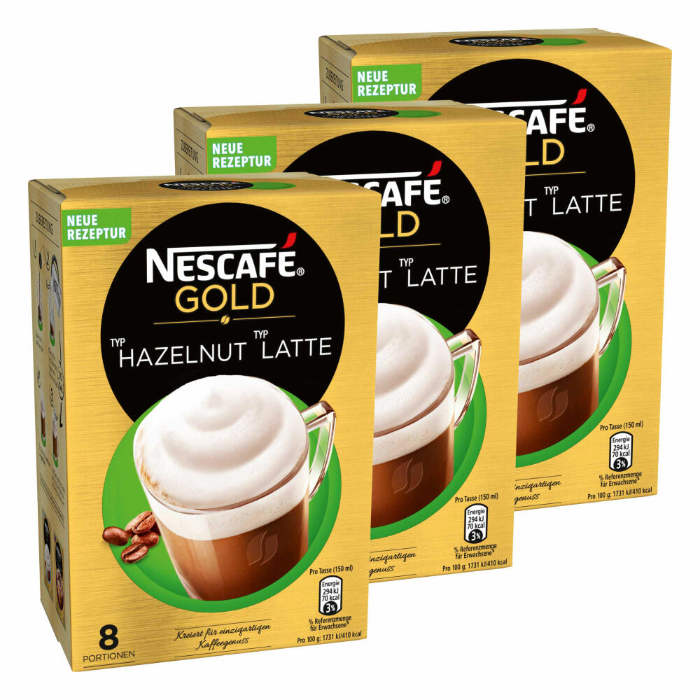 Nescafé Gold Typ Hazlenut Typ Latte, Löslicher Bohnenkaffee, Instantkaffee, Kaffee, 3 x 8 Portionen, 12311719