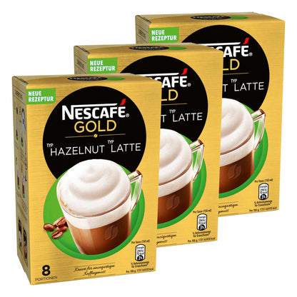 Nescafé Gold Typ Hazlenut Typ Latte, Löslicher Bohnenkaffee, Instantkaffee, Kaffee, 3 x 8 Portionen, 12311719