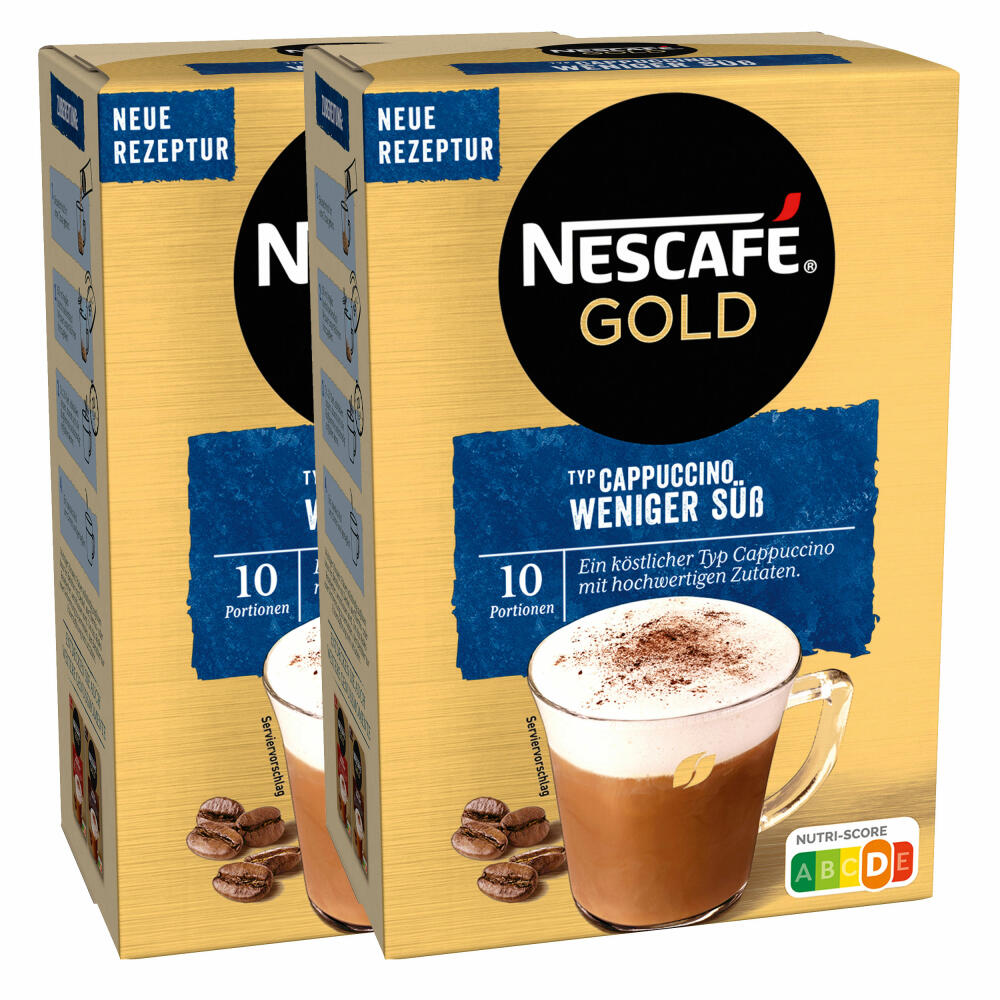 Nescafé Gold Typ Cappuccino Weniger Süß, Löslicher Bohnenkaffee, Instantkaffee, Kaffee, 2 x 10 Portionen