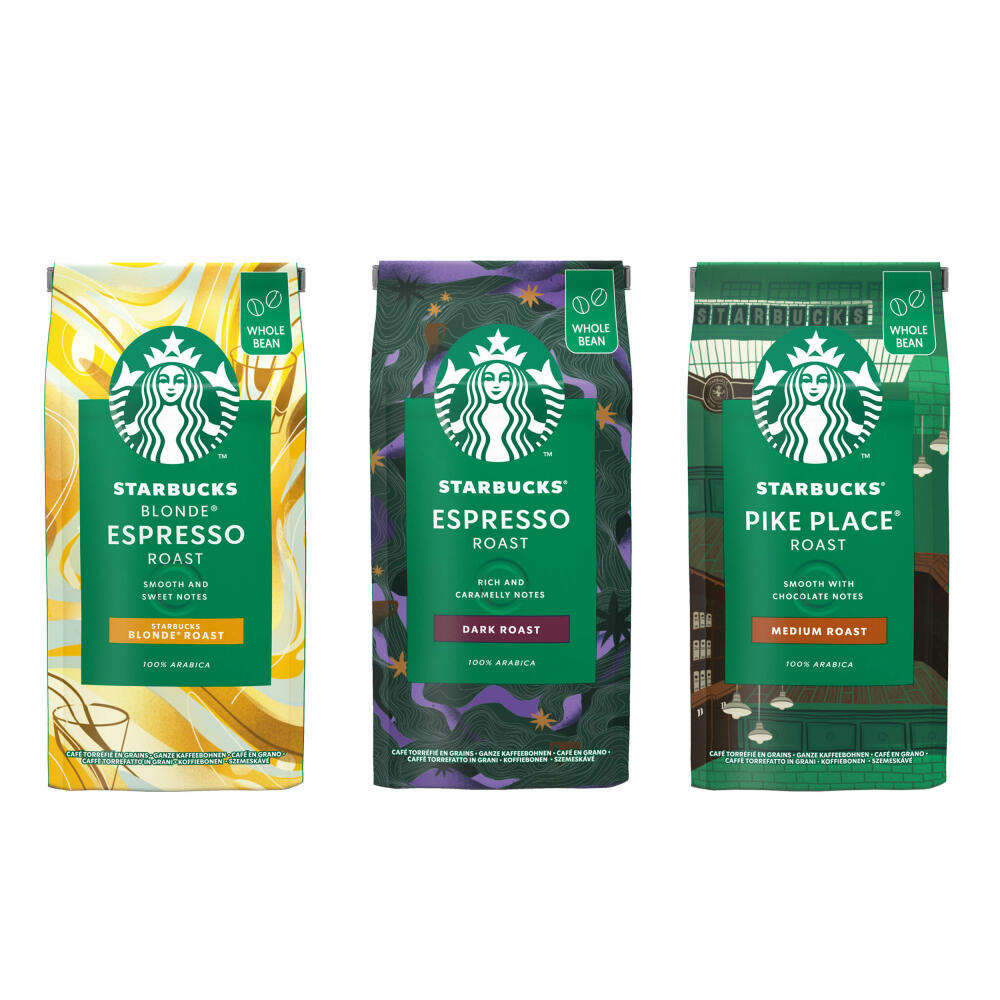 Starbucks Whole Bean Roasted Coffee Set Blonde Espresso, Pike Place, Espresso Roast, Coffee, 3 x 200 g