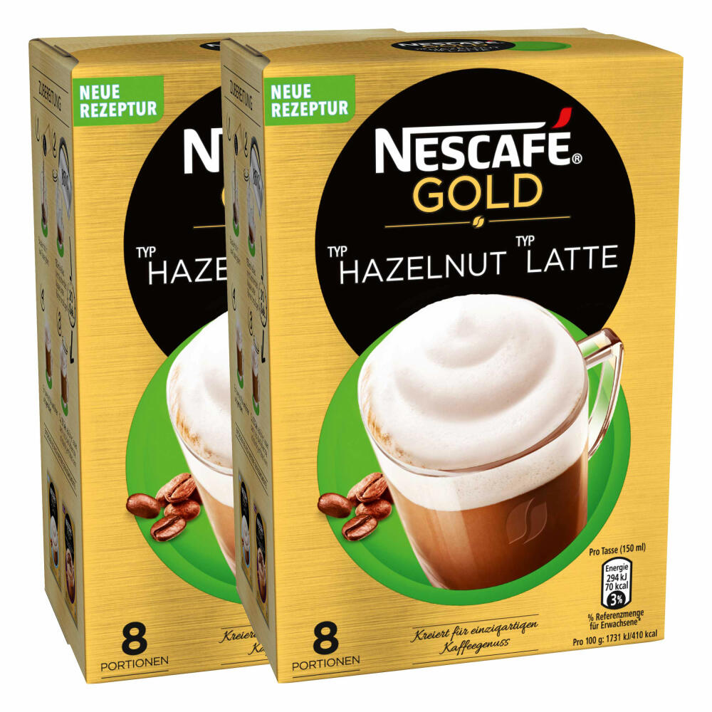 Nescafé Gold Typ Hazlenut Typ Latte, Löslicher Bohnenkaffee, Instantkaffee, Kaffee, 2 x 8 Portionen, 12311719