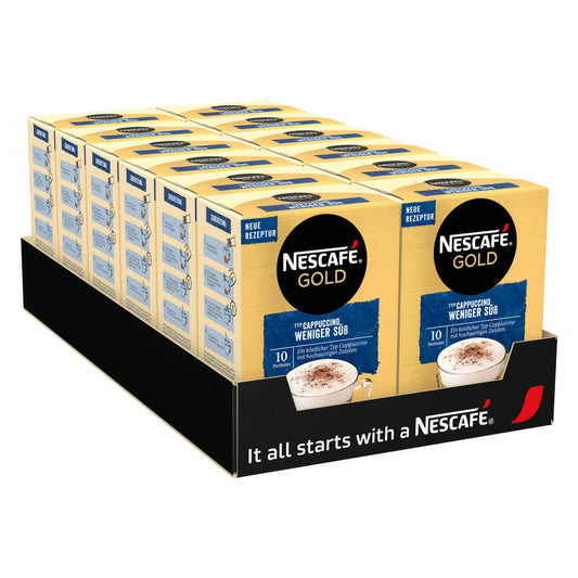 Nescafé Gold Typ Cappuccino Weniger Süß, Löslicher Bohnenkaffee, Instantkaffee, Kaffee, 10 x 10 Portionen