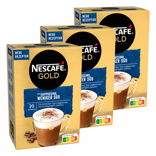 Nescafé Gold Typ Cappuccino Weniger Süß, Löslicher Bohnenkaffee, Instantkaffee, Kaffee, 3 x 10 Portionen