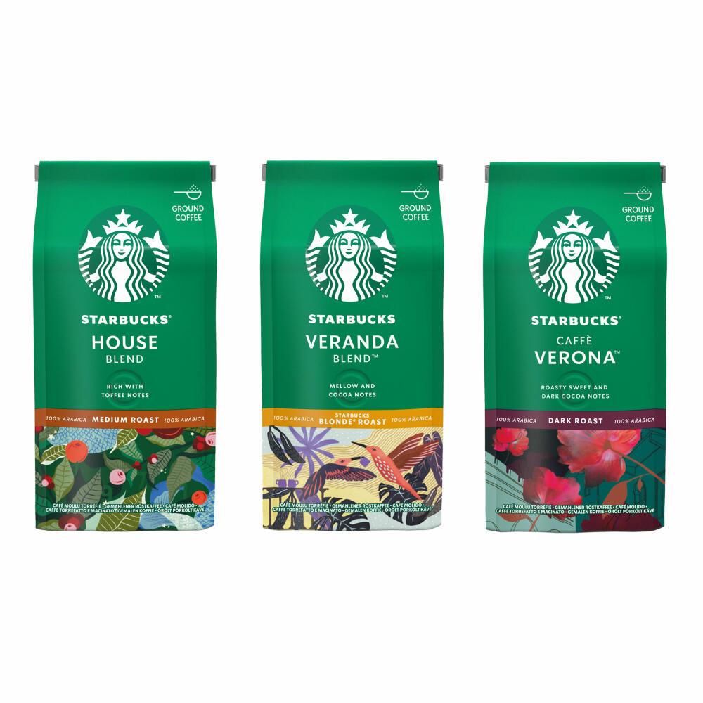 Starbucks Ground Roasted Coffee Set Caffé Verona, House Blend, Veranda Blend, Coffee, 3 x 200 g