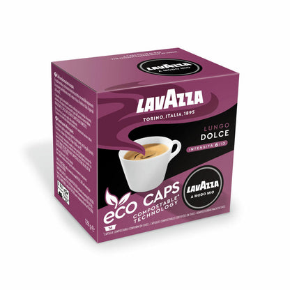 Lavazza A Modo Mio Eco Coffee Capsules Lungo Dolce, Coffee Capsule, Compostable, 16 x 16 Capsules