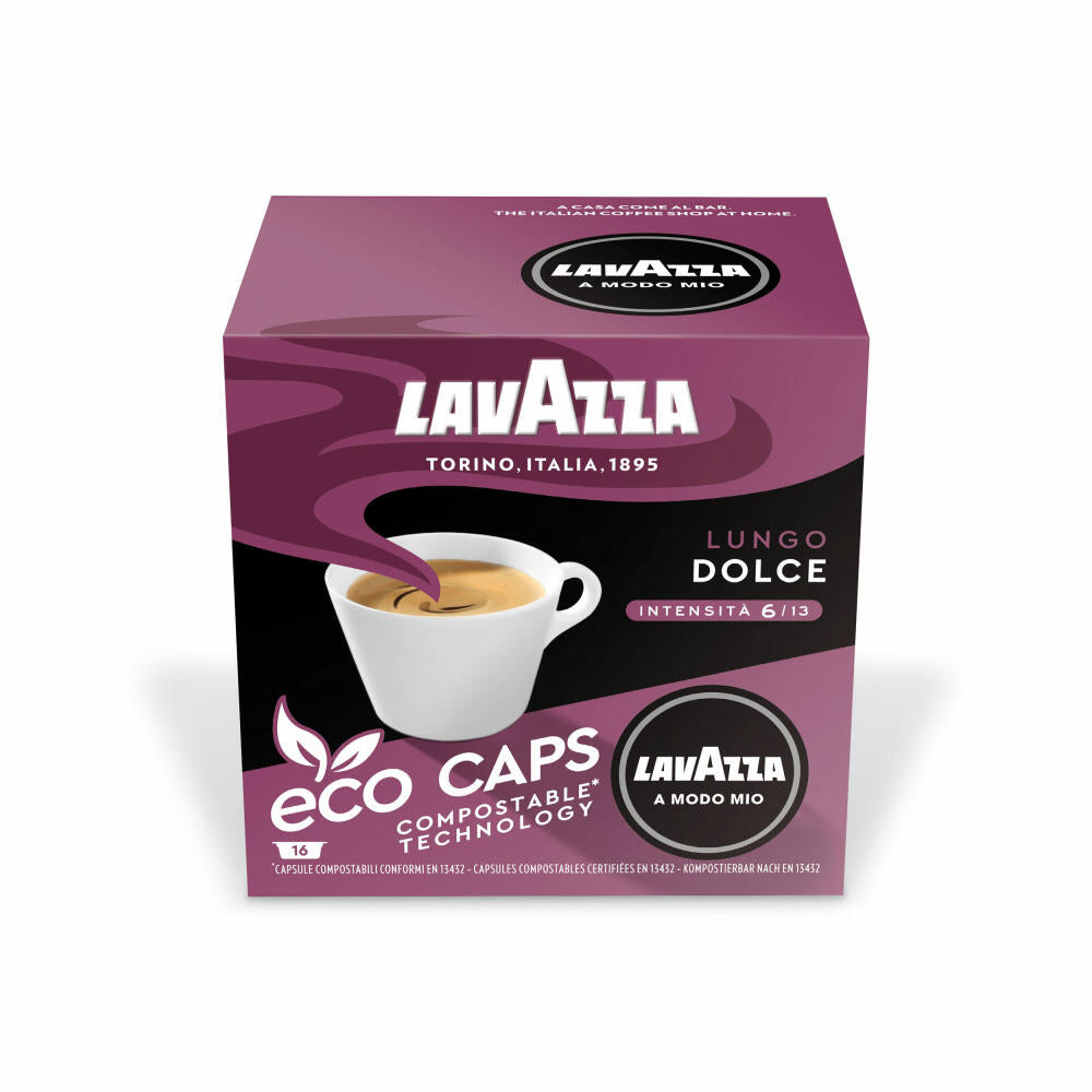 Lavazza A Modo Mio Eco Coffee Capsules Lungo Dolce, Coffee Capsule, Compostable, 5 x 16 Capsules