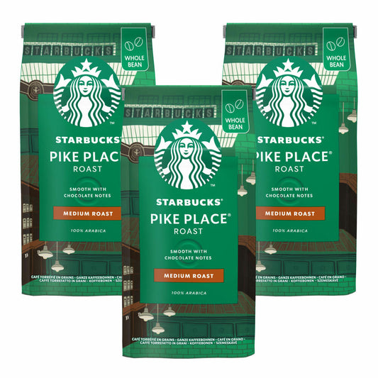 Starbucks Pike Place Kaffee, 3er Set, Medium Roast, Röstkaffee, Sanft, Schoko-Note, Ganze Bohnen, 3 x 200g